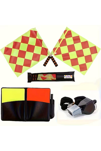 LRS STORE مجموعة حكام كرة القدم المحترفة - 2 علم حكم + صافرة حكم + حافظة جلدية مع لوحة توجيه باللونين الأصفر والأحمر