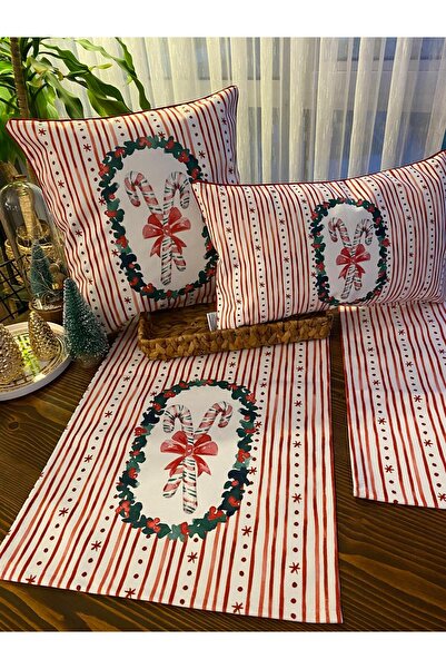 KIRLENTİM 3lü-H1260 Pembe Çizgiler İçinde Fiyonklu Bastonlar-İçi Dolu Kırlent...