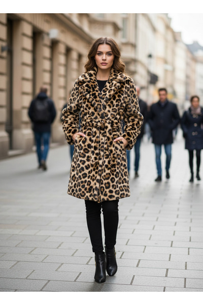 GARAJ kuşaklı peluş leopar kaban