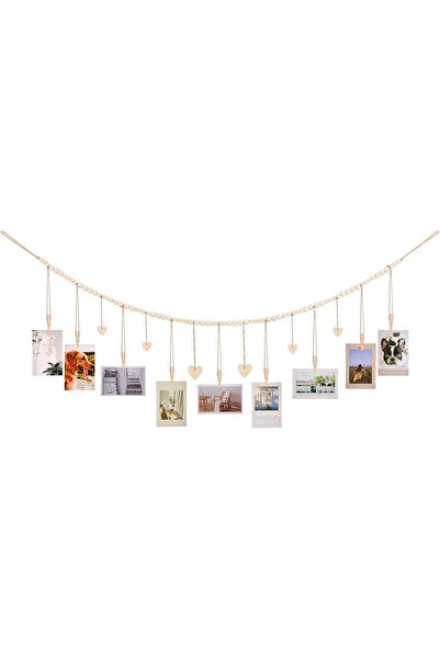 Generic Hanging Photo Display with Heart — Bohemian Wooden Bead Garland Photo Frame