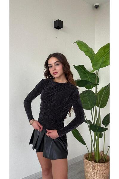 modadagiyim Black Self-Glittering Crew Neck Long Sleeve Gathered Very Stylish Blouse