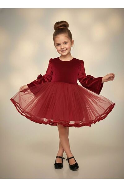 Uğur bebe Κόκκινο βελούδινο χριστουγεννιάτικο φόρεμα – Πρωτοχρονιάτικο φόρεμα για κορίτσια με επένδυση από τούλι