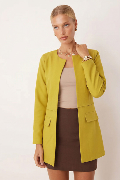 armonika Women's Oil Green Waist Stitched Long Coat Arm-26K001017