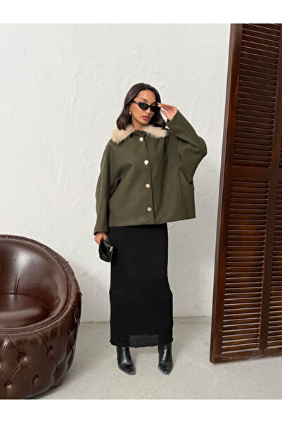SUN STYLE Stylish Brown Cashmere Fabric Fur Collar Women's Jacket | Buttoned and Lined Winter Coat