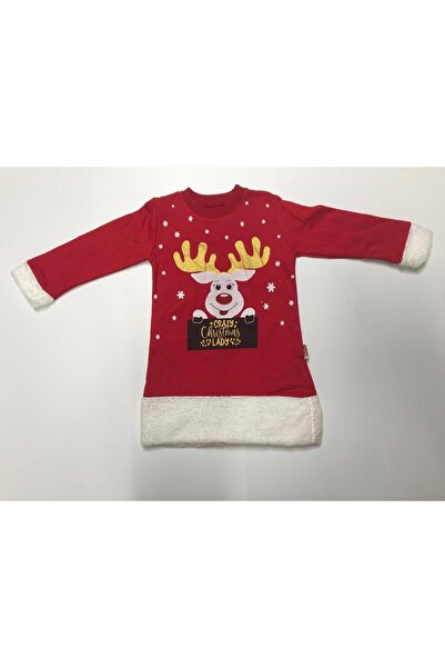 Baby Slon Kids Clup Kışlık 2 iplik şardonlu ve pelüş detaylı bisiklet yaka yılbaşı noel desenli kız bebek çocuk elbise