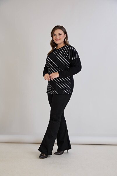 QUAWEAR Crew Neck Asymmetrical Striped Combed Cotton Blouse with Stone Embellishment Detail