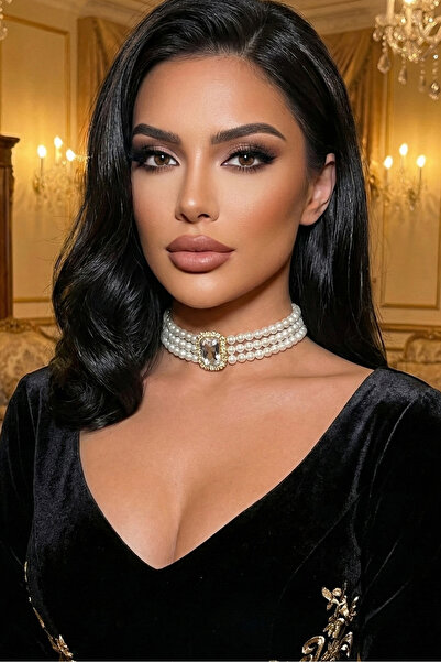 Happyline İncili taşlı gold kaplama am inci tasma choker kolye özel tasarım k...