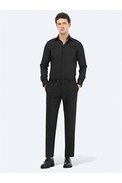 Kip Black Plain Slim Fit Woven Classic Cotton Blended Shirt