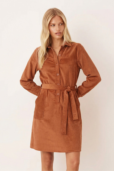 armonika Women's Tan Front Buttoned Pocketed Belted Velvet Dress Arm-25K001085