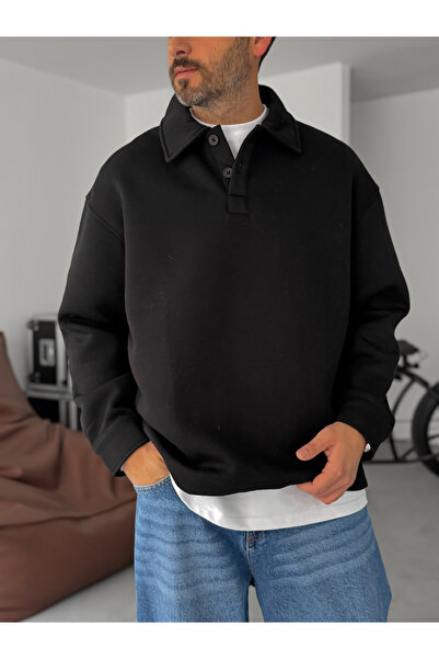 BYBASICMAN Black Collared Buttoned Sweatshirt Tw-7081