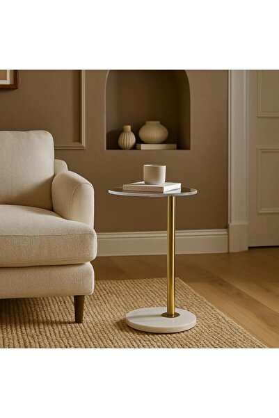 Vi Markets A modern glass-top side table with a sleek gold stand and white base.