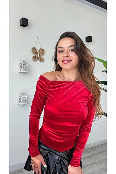 modadagiyim Red Velvet Boat Neck Gathered Long Sleeve Very Stylish Blouse