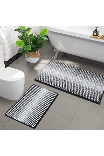 ANGJU 2-Piece Chenille Bath Mat Set, 50x80cm & 40x60cm, Non-Slip, Machine Washable, Black