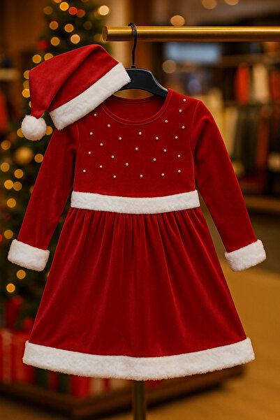 Inovius Rochita Rosie de Craciun cu perle si Caciulita - NNK113-Marime 11 Ani