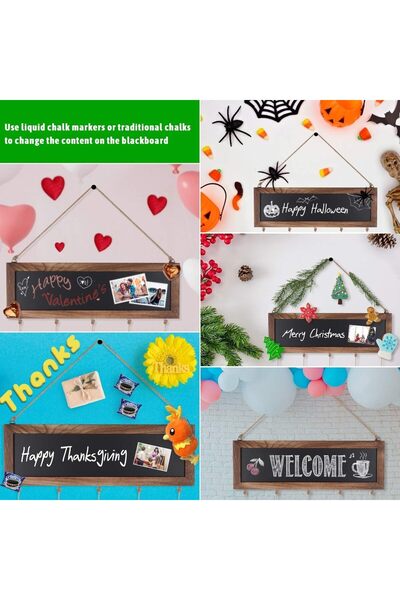 Aputue Wood Photo Board with 30 Clips, Hanging Photo Display with Adjustable Twines and Blackboard