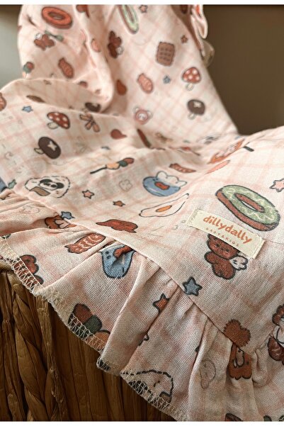 DillyDally بطانية موسلين بحواف مكشكشة (90×90) - منقوشة - 100% قطن