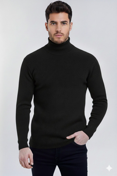 ikiel collection سترة رجالية سوداء نصف رقبة مبطن بالصوف حياكة مضلعة