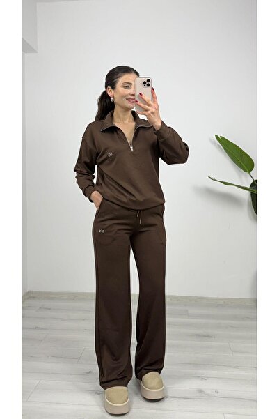 TUNAM BUTİK 1029 Yarım Fermuarlı Modal مطبوع طقم مكون من قطعتين باللون البني