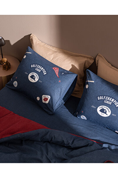 Madame Coco Ruben Single 100% Cotton Ranforce Printed Duvet Cover Set - Navy Blue