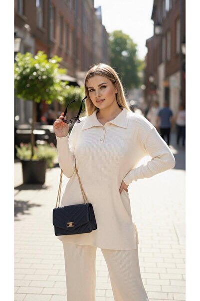 Koza Butik Women's Plus Size Shirt Collar Buttoned Ribbed Knit Fabric Tracksuit Set 8232-26