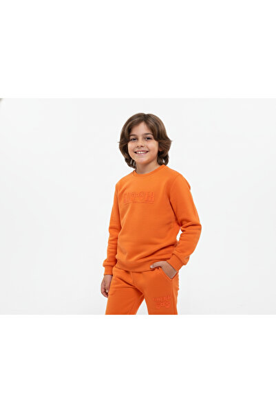 Merve Nur Tekstil 3 Thread Child Ş Fleece-Lined Embossed Print Orange Combina...