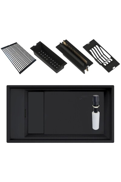 ELLECI Chiuvetă de bucătărie Invisible Dialogo 360 Workstation, din compozit ceramic, negru mat - 860x460x220mm