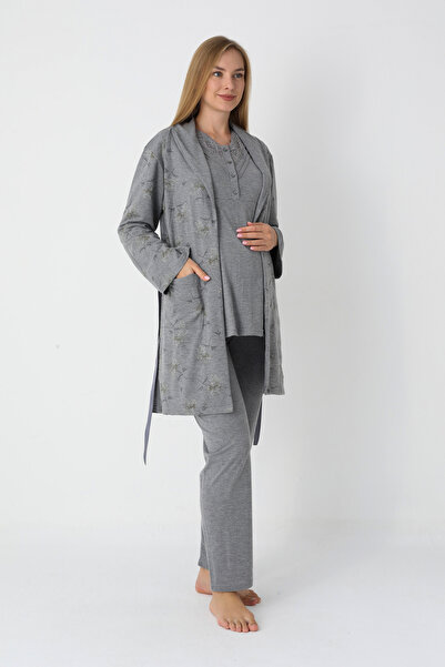 ERDENİZ TEKSTİL Long Sleeve Combed Cotton Maternity Pajamas and Robe Set Maternity Set 3-Piece Set