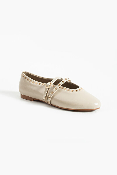 stato - Beige Color Buckle Faux Leather Women's Ballerinas