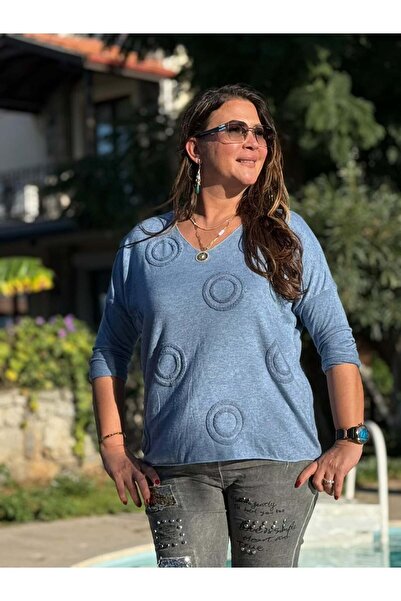 Punta Otantik NC20663 Блузка з V-подібним вирізом та італійським трикотажем, синя