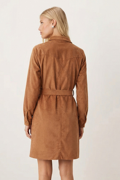 armonika Women's Camel Front Buttoned Pocketed Belted Velvet Dress Arm-25K001085