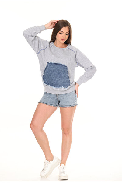 HEDEF DAİSY Women's Clothing Three Thread Fleece Denim Detailed O Oversized Pocket Model Sweatshirt