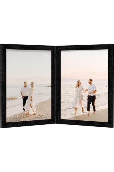 KASTWAVE 4x6 Double Wooden Hinged Photo Frame with Plexiglas, Tabletop or Wal...
