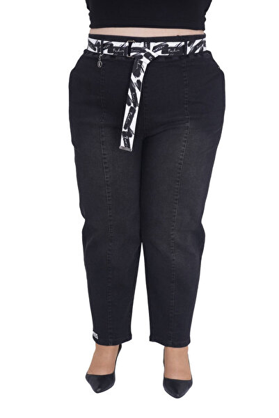 ZANESSI Plus Size Mom Belted High Waist Denim Women's Pants