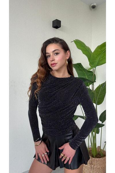 modadagiyim Black Self-Glittering Crew Neck Long Sleeve Gathered Very Stylish Blouse