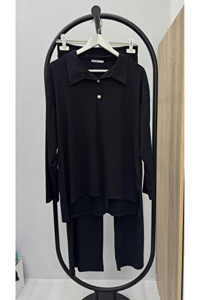 Koza Butik Women's Plus Size Shirt Collar Buttoned Ribbed Knit Fabric Tracksuit Set 8232-26