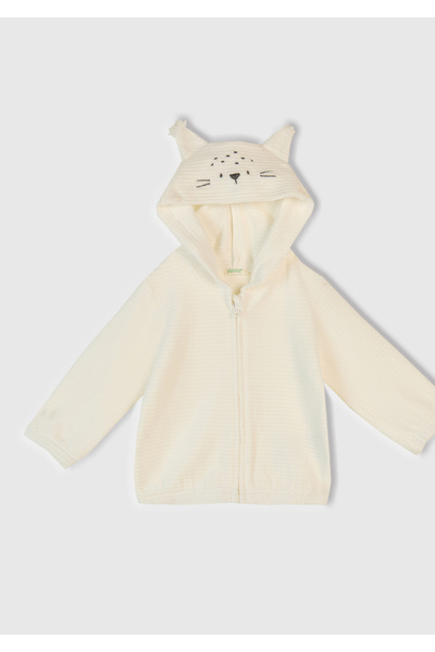 United Colors of Benetton Baby Ecru Ribbed Patterned Embroidered Eared K Hooded Sweatshirt