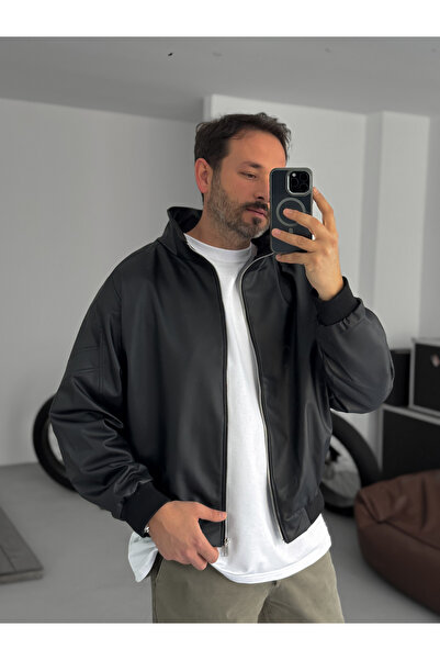 BYBASICMAN Black Ribbed Leather Jacket with Sleeve Detail Jj-2024