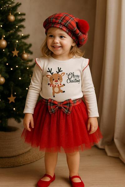 GMG Baby طقم تنورة للفتيات لعيد الميلاد مع قبعة فرنسية