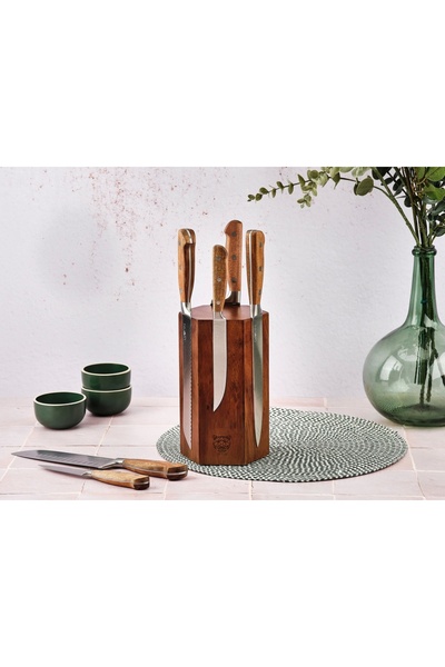 BJORN IMATRA knife holder + Set of 6 JAKOB kitchen knives, satin stainless steel blade, acacia wood handle