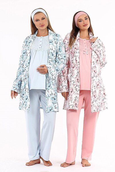 Sinem Çeyiz مجموعة بيجامة للأمهات بعد الولادة من 3 قطع بنمط الزهور BH 4218