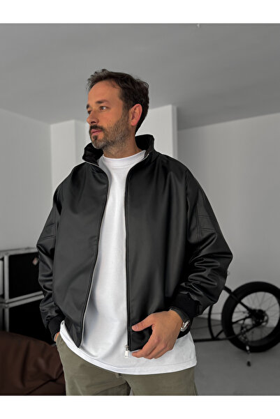 BYBASICMAN Black Ribbed Leather Jacket with Sleeve Detail Jj-2024