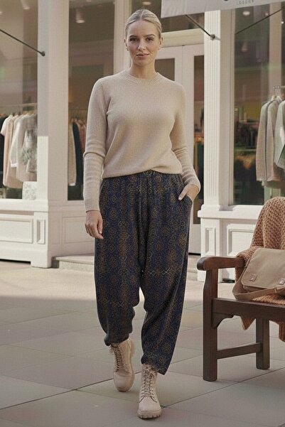 Chiccy Navy Blue-Green Ethnic Patterned All-Over Printed Elastic Waist Baggy Leg Woven Baggy Trousers 105 60