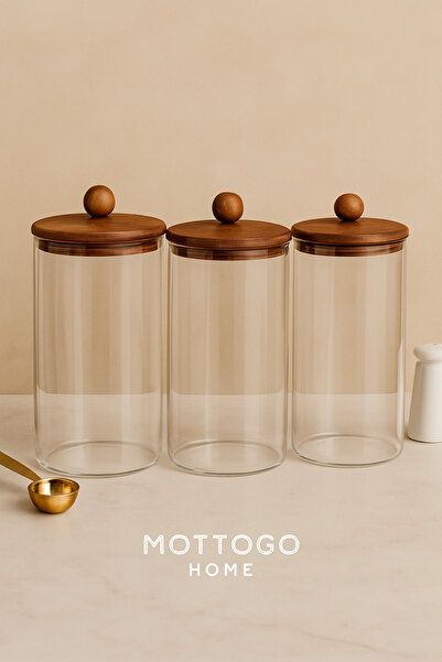 Mottogo 3-Piece Acacia Lid Glass Storage Container – Large Size Kitchen Jar – 1555 ml