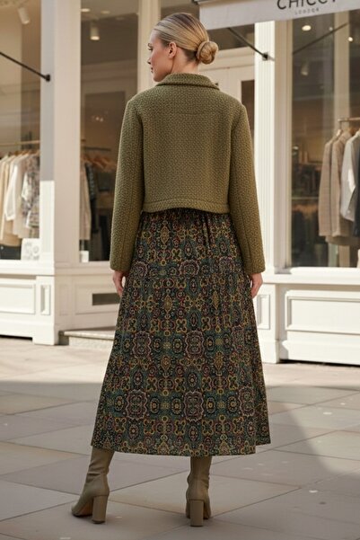 Chiccy Σκούρο πράσινο με έθνικ σχέδιο Allover με τύπωμα ελαστική μέση casual μακριά υφαντή φούστα 95 60