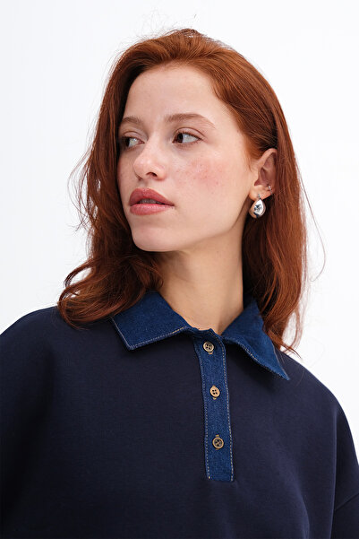 Addax Denim Collar Fleece-Lined Sweatshirt S17739