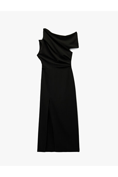 Koton One Shoulder Sleeveless Slit Detail Draped Midi Dress