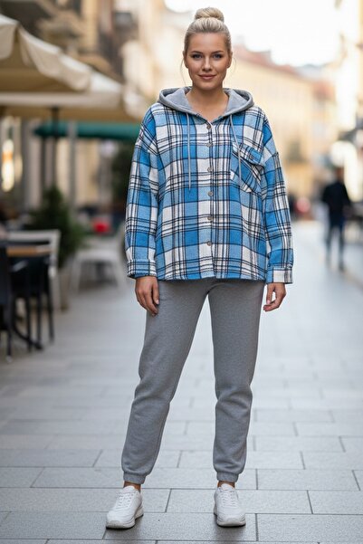 Chiccy Cămașă țesătă în carouri cu mânecă lungă, albastru cu glugă 68 65