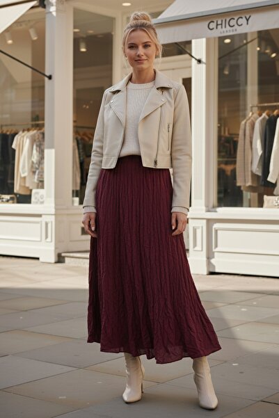Chiccy Burgundy Elastic Waist Casual Crinkle Long Woven Skirt 95 60