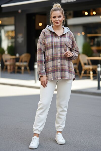 Chiccy Beige-Brown Striped Hooded Long Sleeve Lumberjack Plaid Buttoned Pocket Woven Shirt 68 65