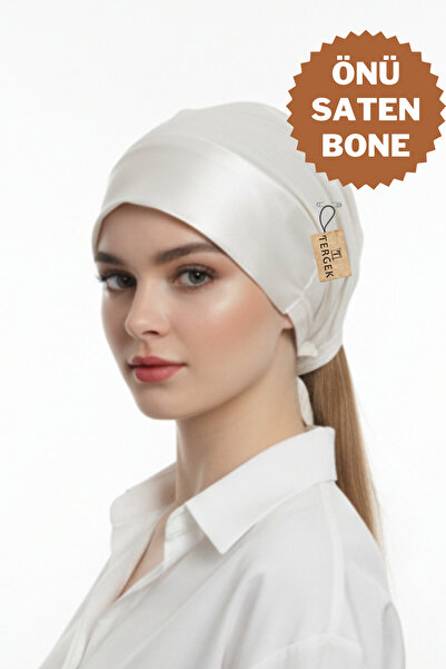 Tergek Satin Lace-Up Stylish Bonnet Ecru, Adjustable Hijab Scarf Shawl Turban Bonnet with Back Lace-Up